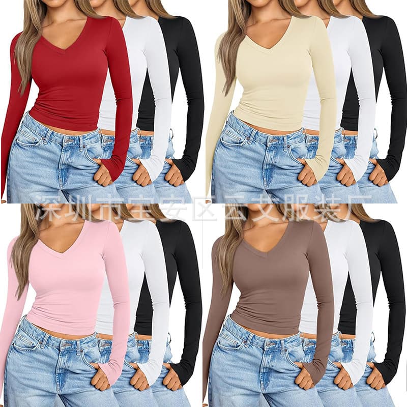New Autumn/Winter Women's V-Neck Long Sleeve Basic Slim Fit T-Shirt Top for Amazon eBay Cross-Border