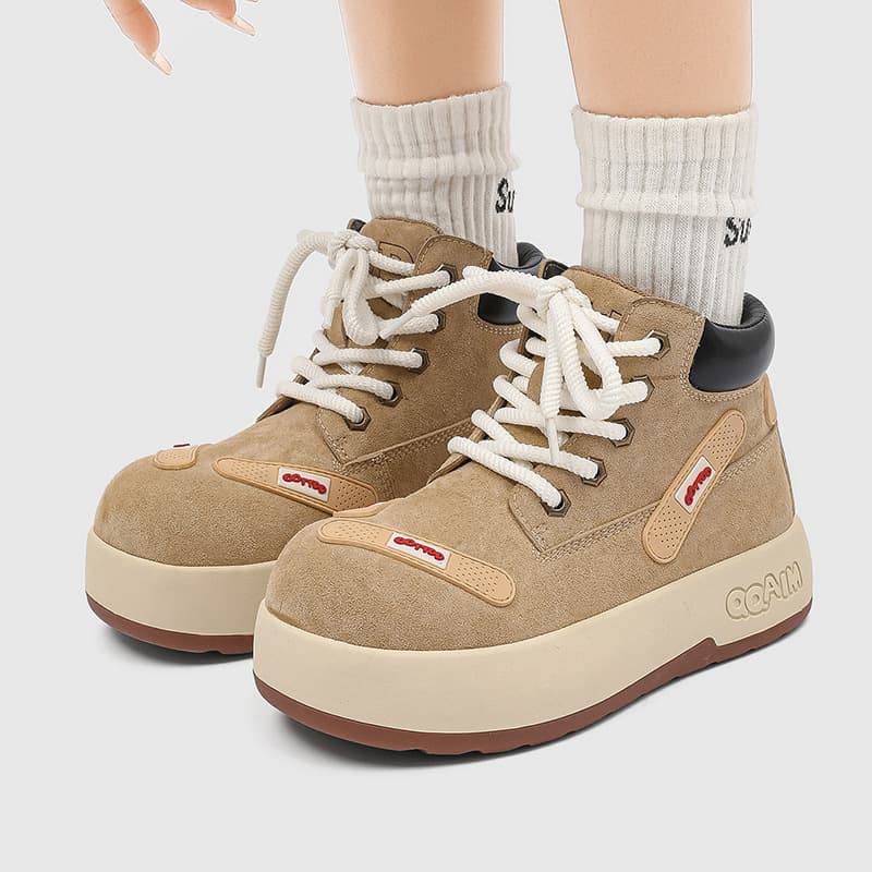 Cute Chibi Ugly-Cute Bandage Style Yellow Boots Men's Trendy Niche Suede Reverse Leather Martin Boots High-Top Chunky Sole Big-Toe Shoes