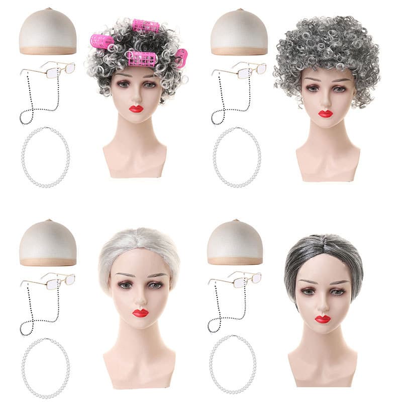 Cross-border Halloween Old Lady Wig Short Curly Hair Grandma Grandpa Old Woman Wig Costume Prop Set