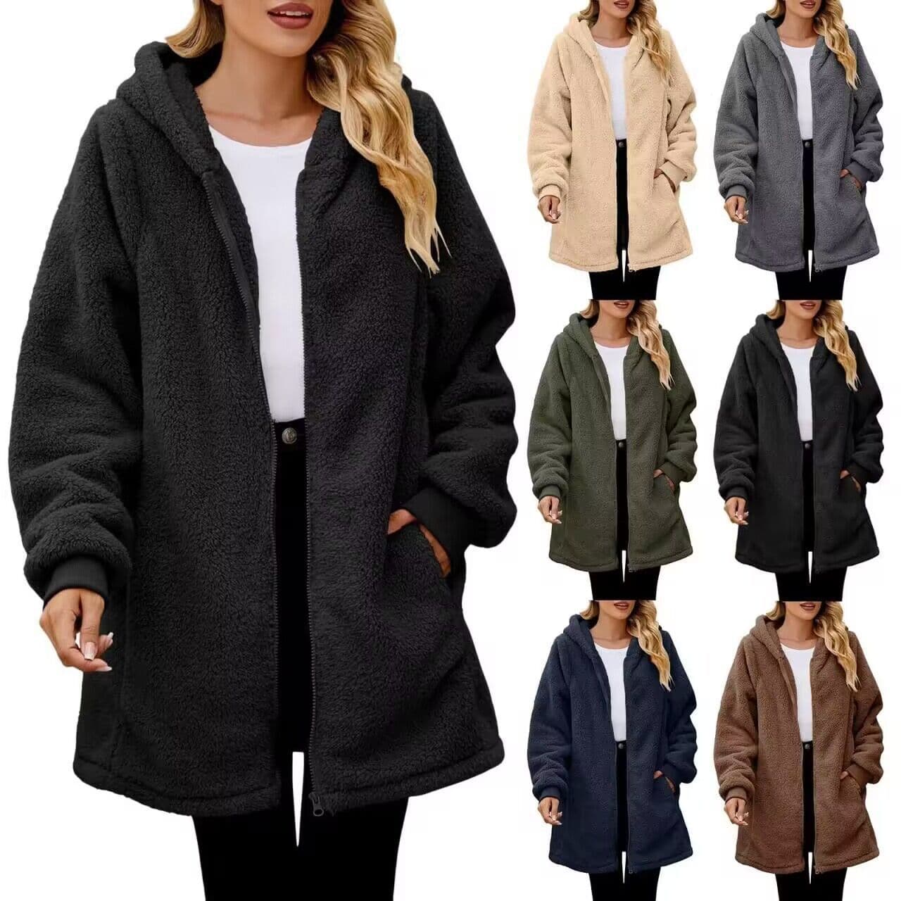 2025 European and American Winter New Amazon Independent Site Loose Plush Women's Long Sleeve Hooded Zip-Up Cardigan Jacket