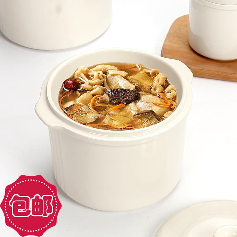Single-serving inner ceramic pots for double-boiling soup, household covered pots with double ears for bird's nest and tonics