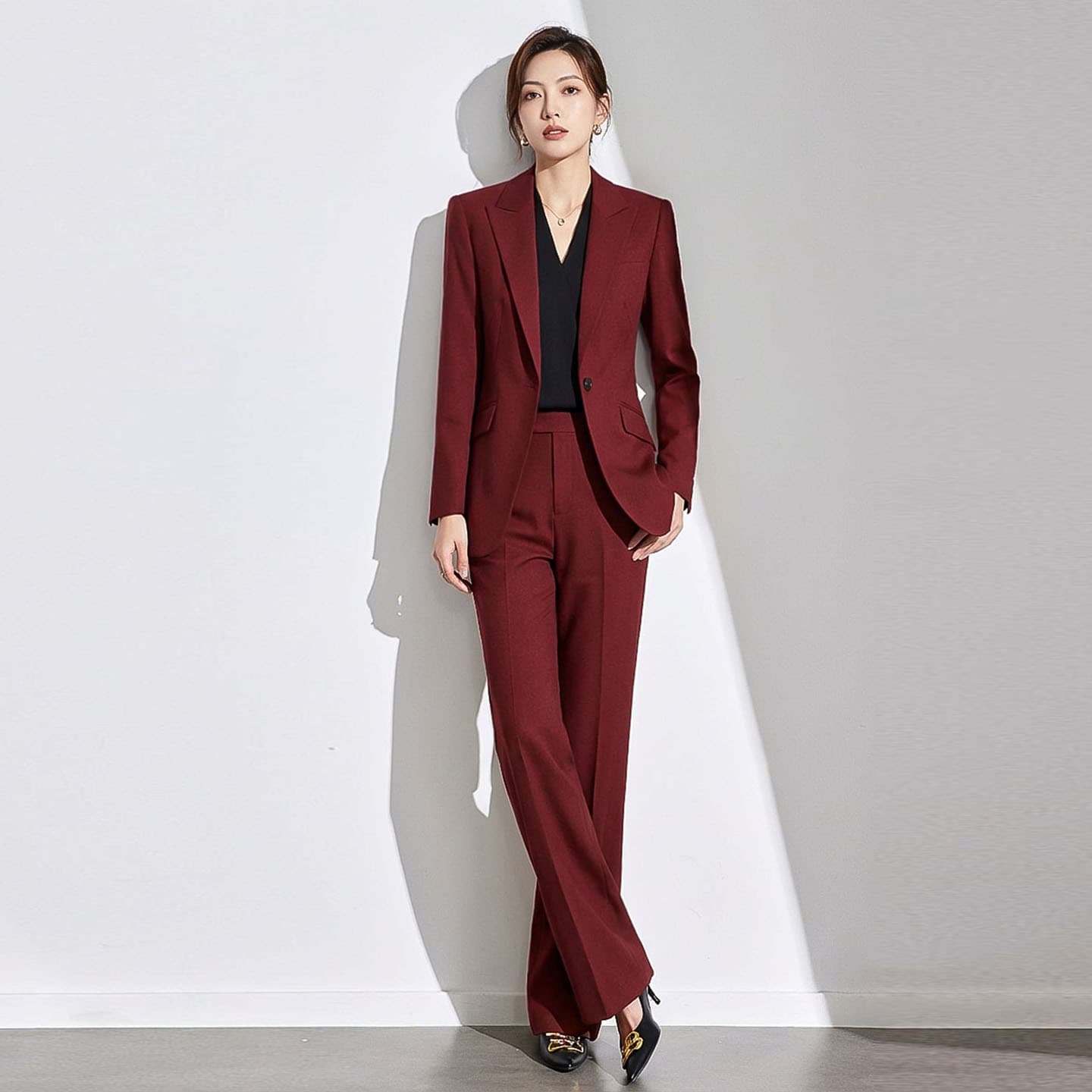 Wine Red Long-Sleeve Blazer Suit Set for Women, One-Button Formal Wear, Light Luxury Elegant Style, High-End Women's Clothing for Spring and Autumn