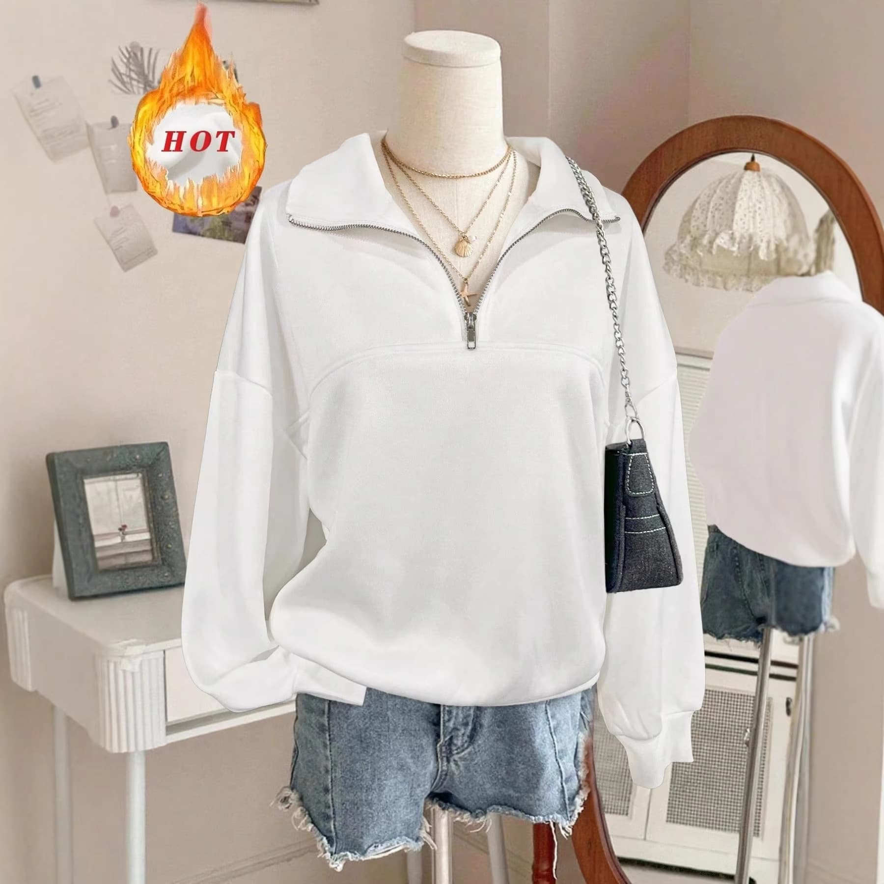 2026 spring, autumn and winter new women's casual cross-border solid color half-zip lapel sweatshirt