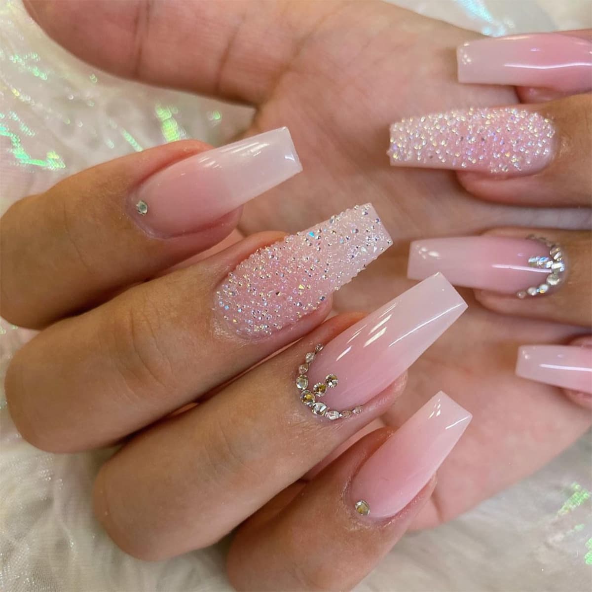 Cross-border Hot Selling Wearable Nails Long Coffin Tips Ins Style Gradient Sprinkle Rhinestones French European and American Fake Nail Stickers Nails