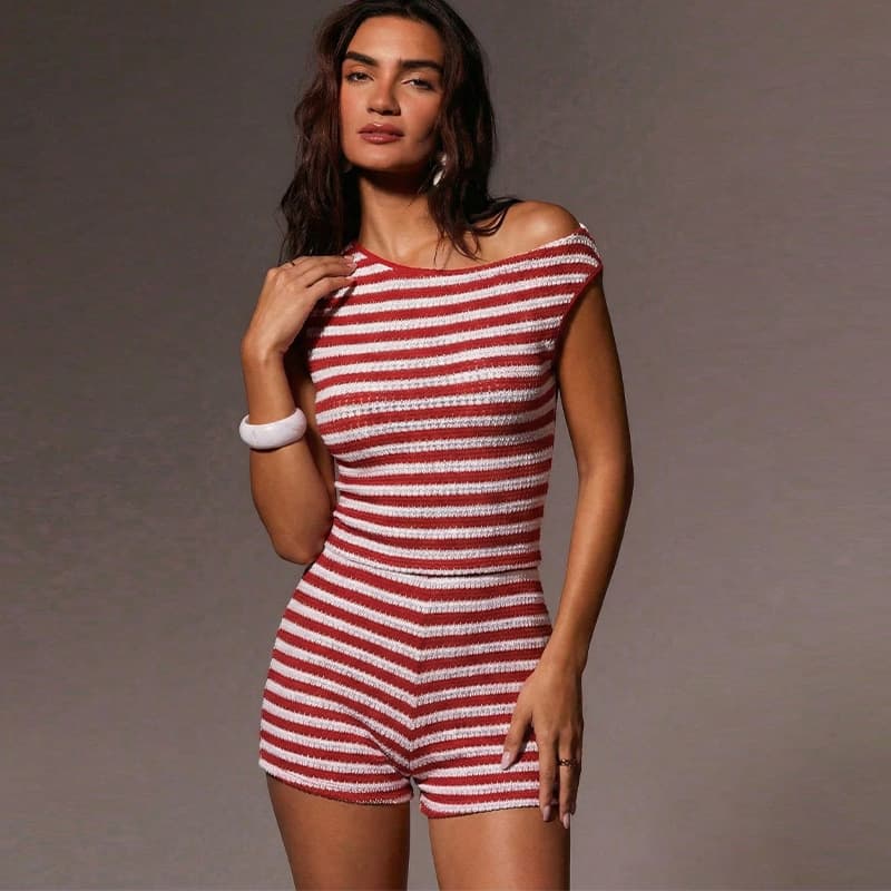Summer New Women's Holiday Style Short Sleeve Striped Mini Dress And Vest Set Bodycon Design Fashionable And Elegant
