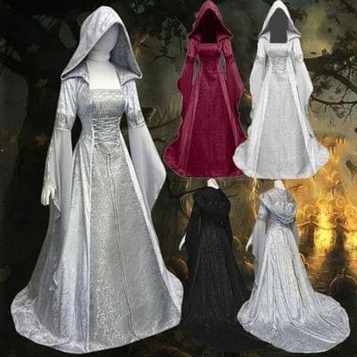 Cross-border 2022 women's cosplay medieval retro style wedding dress 4 colors hooded waist dress cosplay