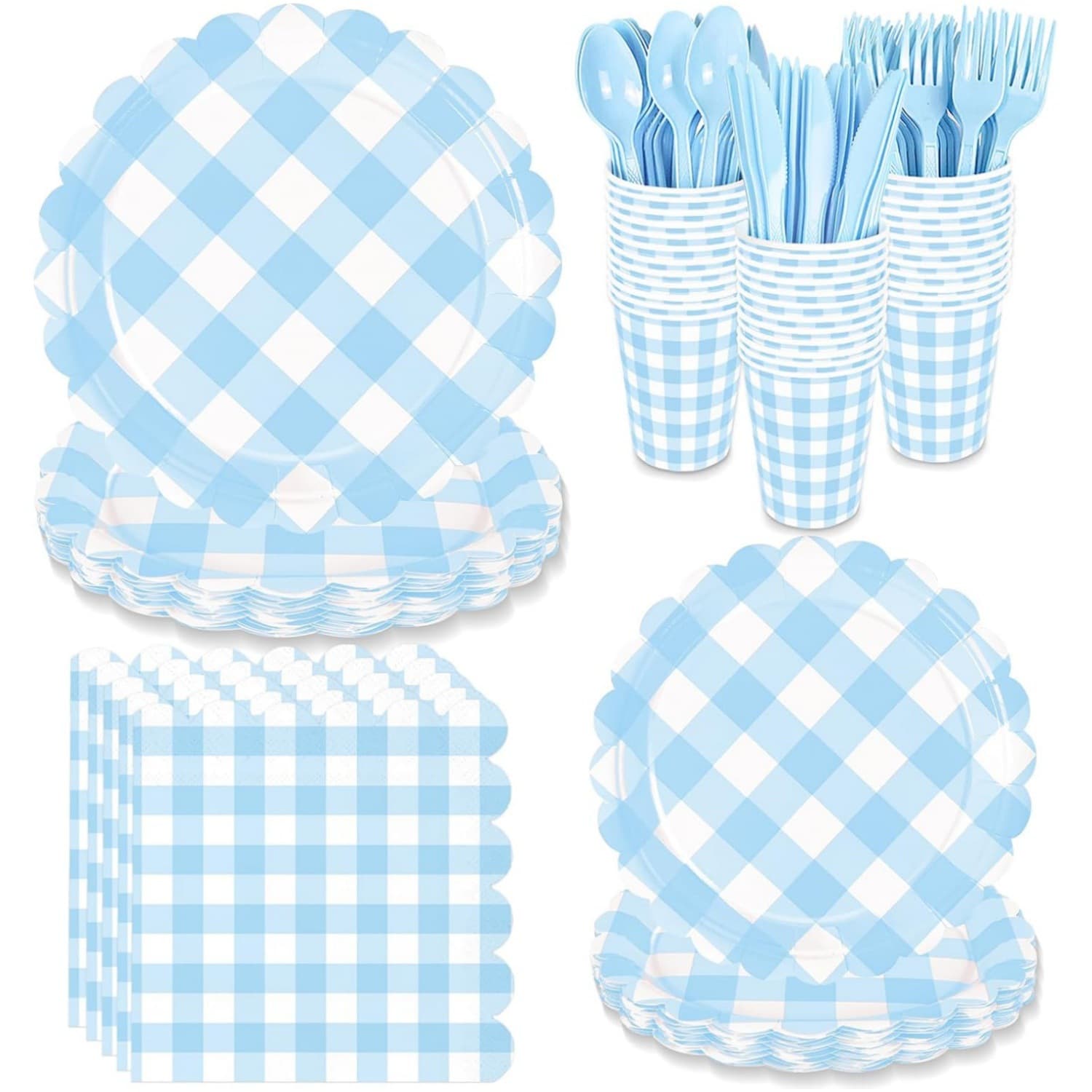Blue Plaid Disposable Tableware Set Lace Paper Plates Cups Napkins Knives Forks Spoons Picnic Birthday Party Cross-Border