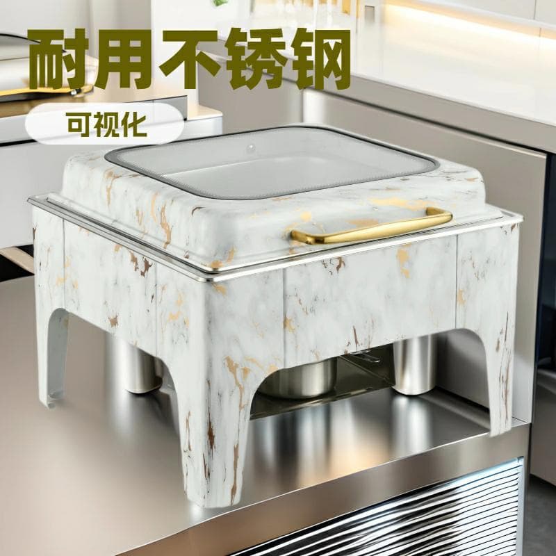 Stainless Steel Full Flip Lid Buffet Chafing Dish Water Transfer Print Square Buffet Stove Alcohol Chafing Dish Marble Anti-Scald