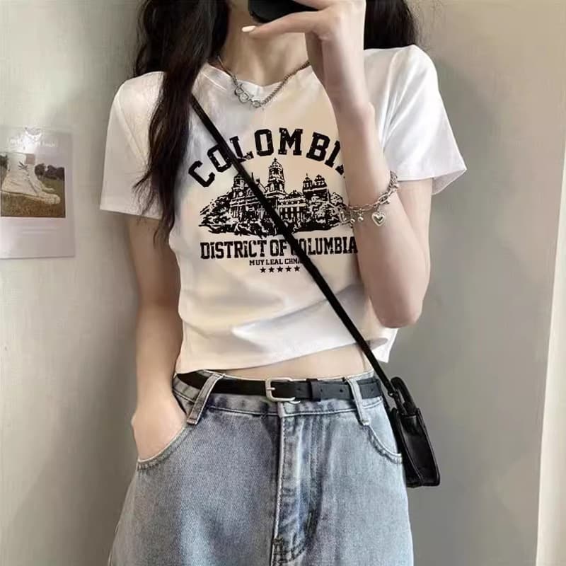 2026 New Summer Inline Shoulder Ins Short Top Women's Castle High-Waist Slim Fit Short Sleeve T-Shirt for Petite