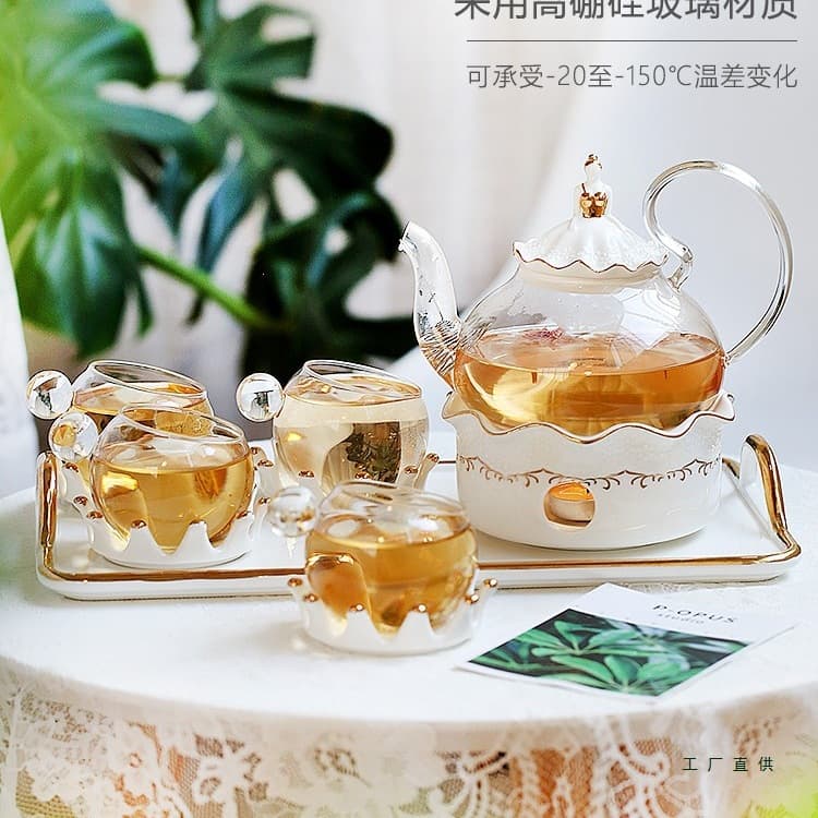 European tea set with English afternoon teacups, heat-resistant glass flower teapot