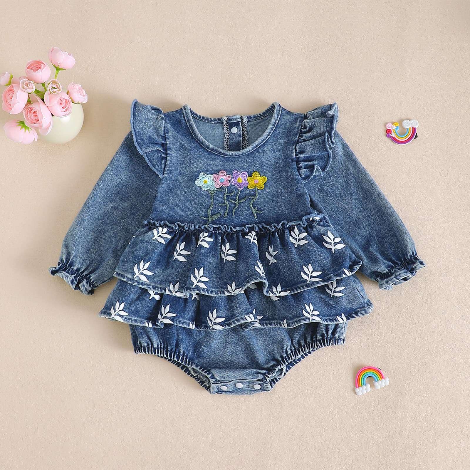 2025 cross-border infant children's new styles fashionable autumn/winter long-sleeve denim flutter sleeve skirt back-opening rompers