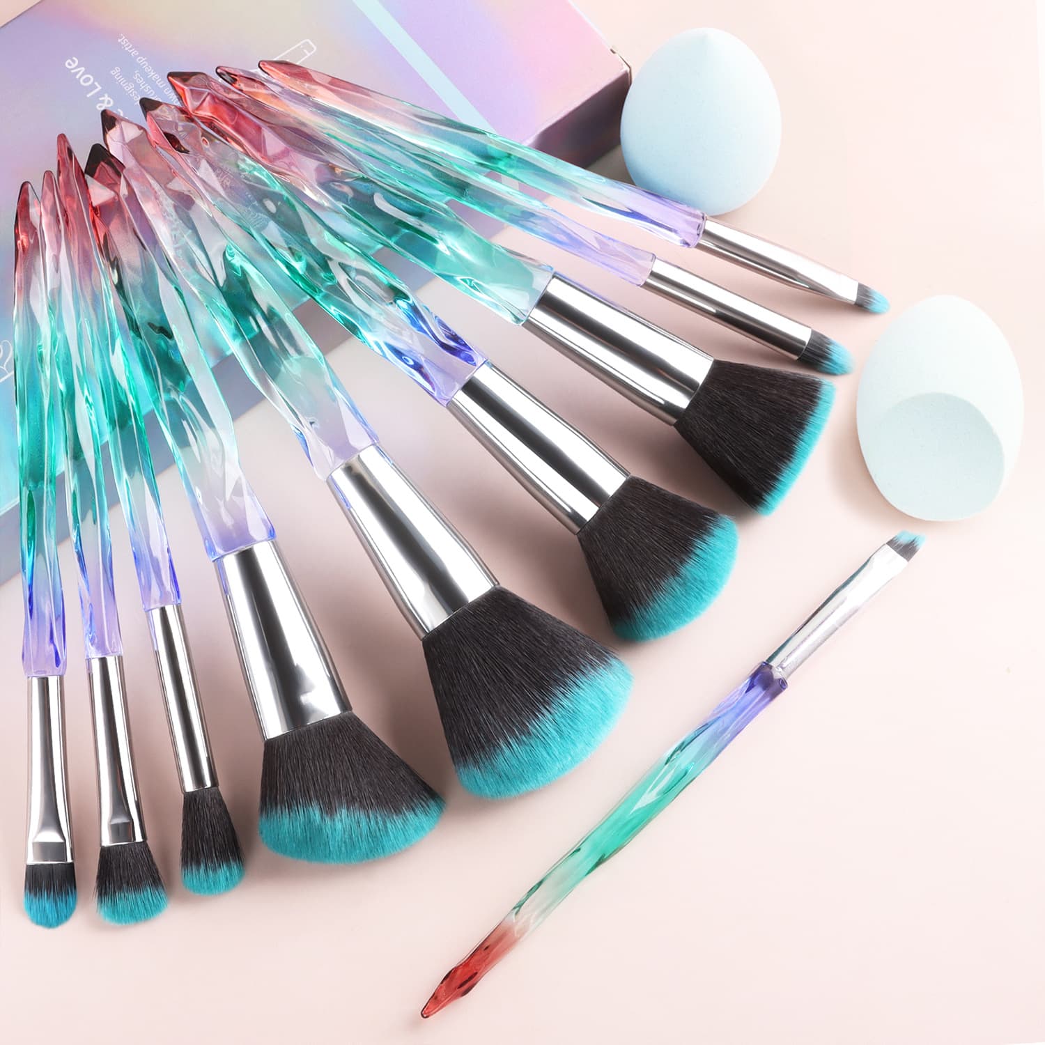 10-Piece Crystal Gradient Makeup Brush Gift Set with Beauty Sponge, Cross-Border Best-Selling Gradient Makeup Brushes