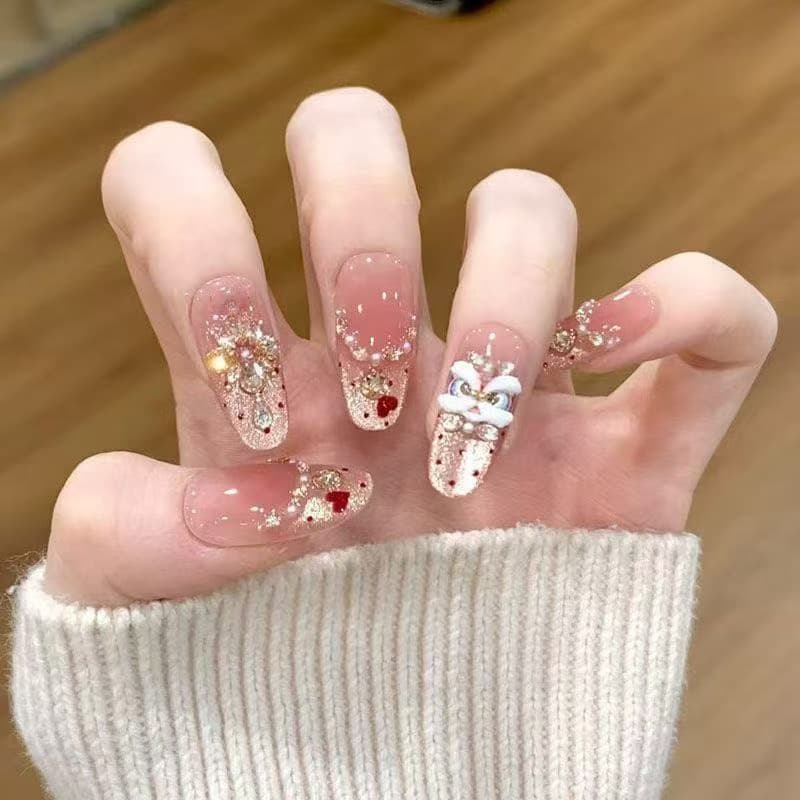 2026 New Year Wearable Nails Lion Dance Press-On Nails Semi-Handmade Cat Eye Nail Tips Brightening False Nail Stickers Detachable