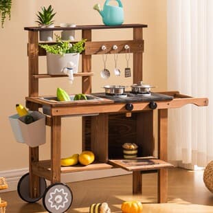 Children's Wooden Pretend Play Kitchen Toy Set, Outdoor Multifunctional Kitchen Appliance Stove Cart Toy Kitchen Set