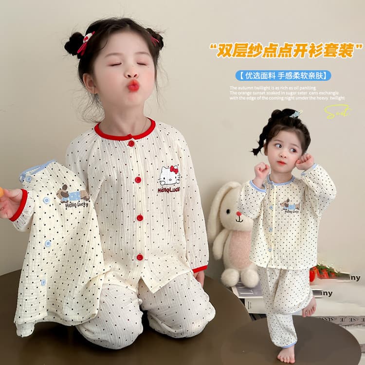 Girls 2025 Spring/Autumn New Pajamas, Polka Dot Gauze Cardigan Set, Cotton Princess Homewear for Toddler Girls