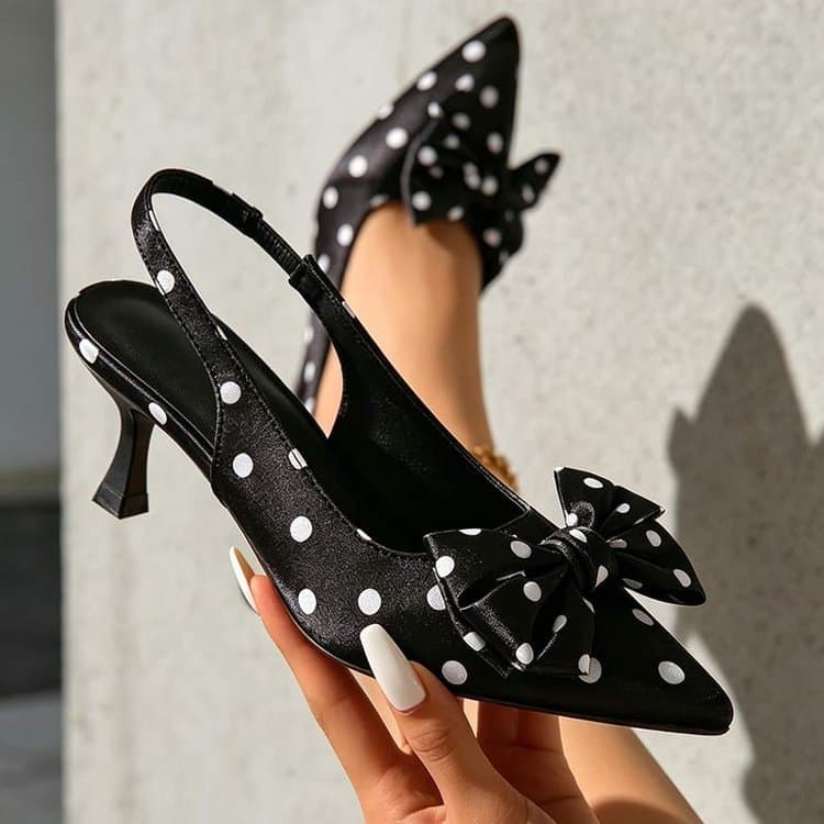 Cross-border Trade Large Size Black White Polka Dot Bow Pointed Toe Sandals 2026 New Backless Kitten Heel High Heel Sandals