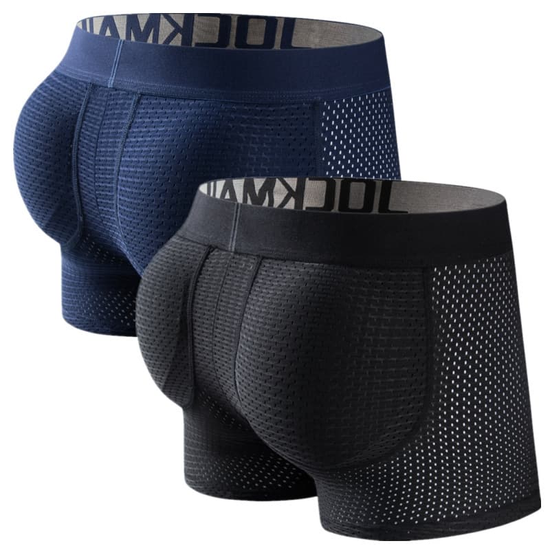 JOCKMAIL Long Mesh Butt Lifting Men's Boxer Shorts with Sponge Pad Hip Enhancing Flat Angle Fake Butt Low Waist Knitted Nylon