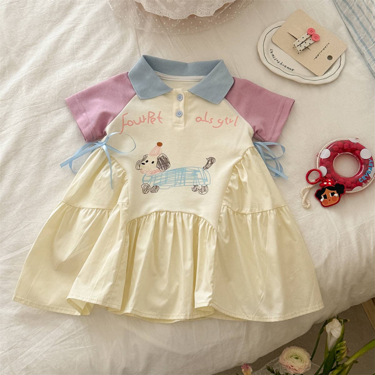 Princess Dress Girls 2026 New Summer Stylish Little Girl Dachshund Polo Dress Kids Short Sleeve Color Block Dress