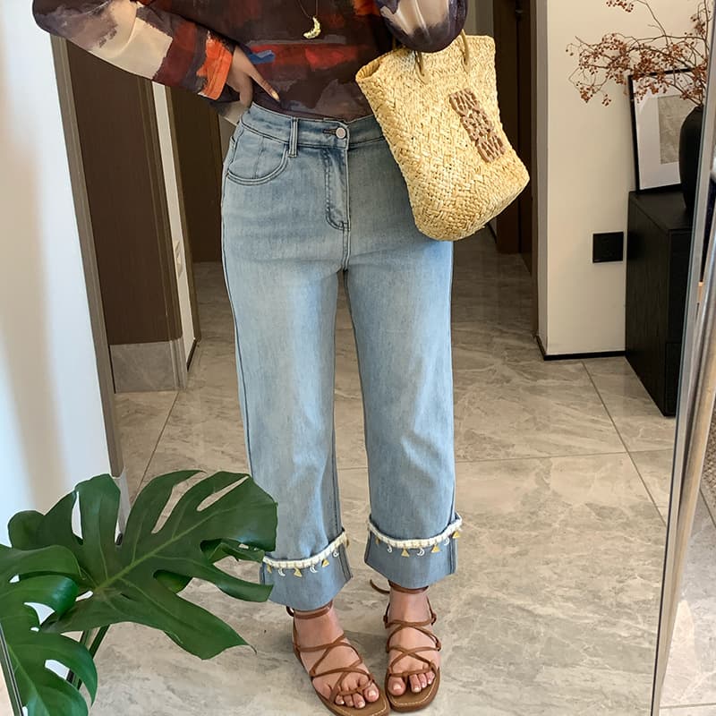 Shuangtian Plus Size Women's New Jeans 2026 Summer Retro Rolled Hem Straight Leg Jeans for Curvy Women ST529