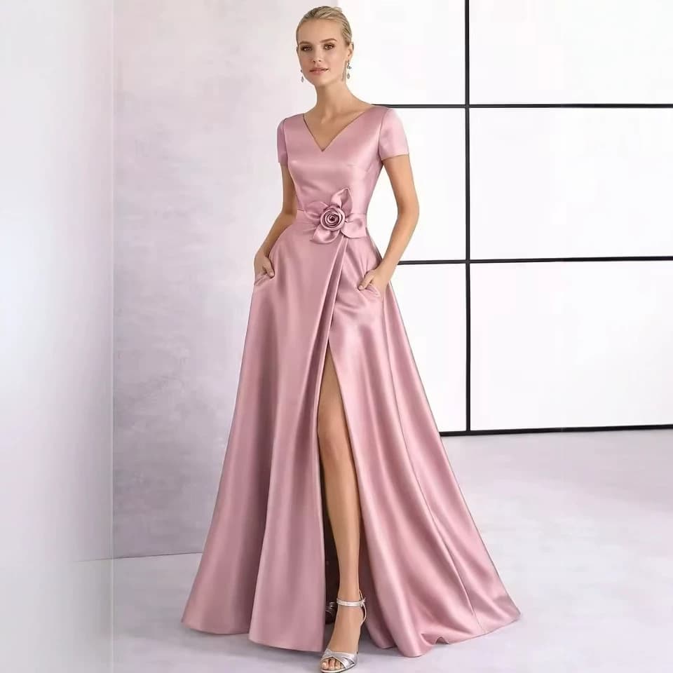 Evening Dress 2026 New Style Aliexpress Amazon V-Neck Short-Sleeved Satin Slit Long Banquet Dress