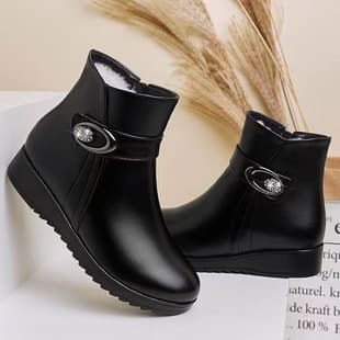Winter Fleece-Lined Martin Boots Leather Shoes for Middle-Aged and Elderly Women, Flat Large Size Plus Size Warm Mother Short Boots
