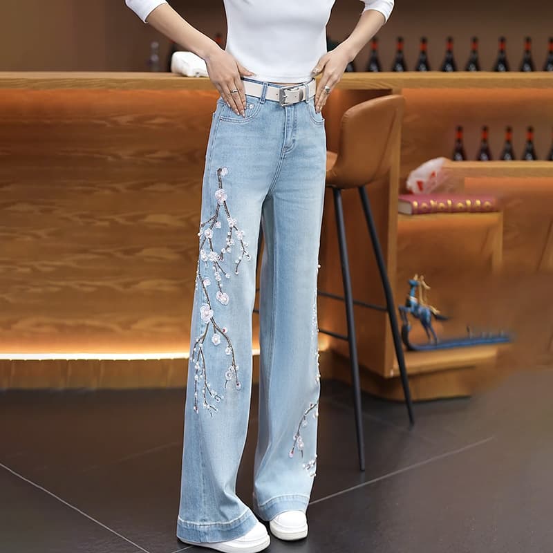 Light Blue High-Waist Embroidered Rhinestone Denim Wide-Leg Pants for Women, 2026 Spring New Arrival, Slimming Loose Straight-Leg Long Pants