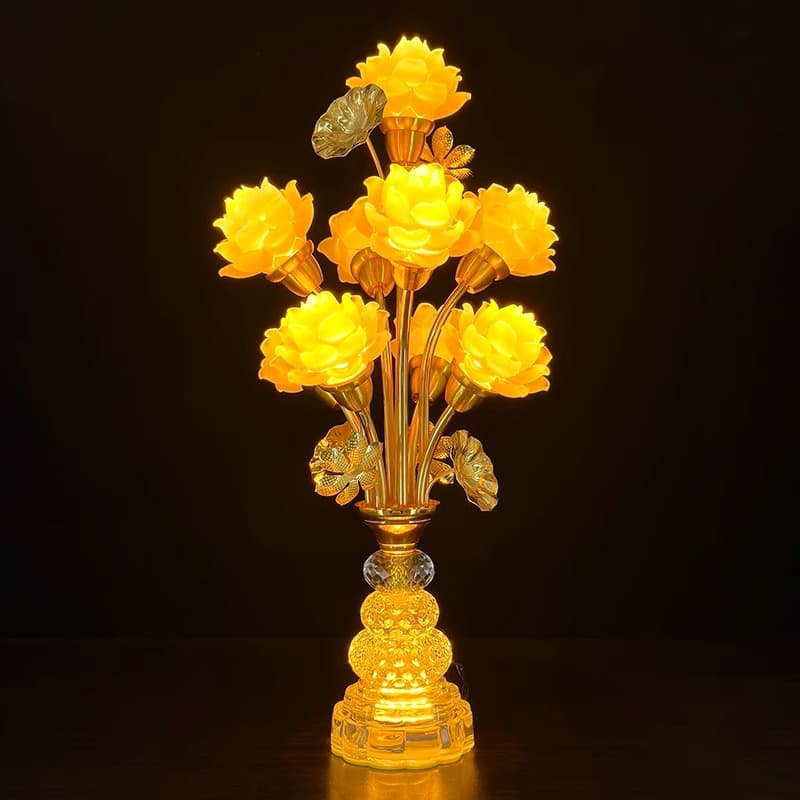 Glass Lotus Lamp Buddha Offering LED Multicolored Eternal Lamp for Home Temple, Plug-in Offering Lamp New Style