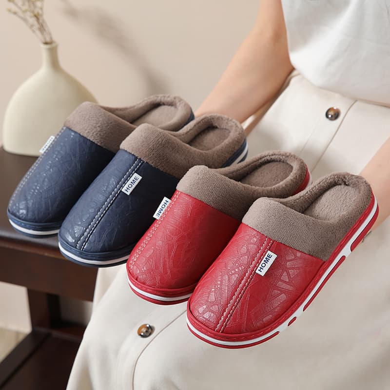 Autumn/Winter Couple Slippers for Women, Anti-Slip & Odor-Resistant, Indoor/Outdoor Home Use, Plush Lined Thick Sole Maternity PU Leather Cotton Slippers