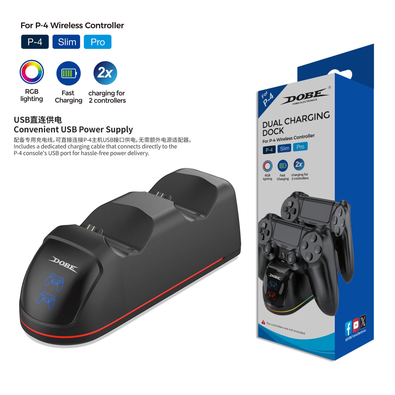 PS4/Slim/Pro Wireless Game Controller Dual Charging Station with RGB Ambient Light for PS4 Controller Fast Charging Base
