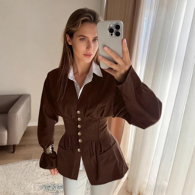 Cross-border fashion simple French waist V-neck windbreaker women's spring design slim brown long-sleeved women's windbreaker