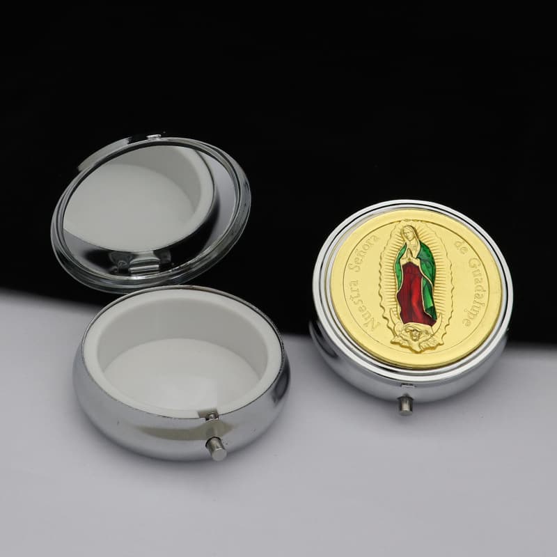 Vintage Metal Round Box with Mirror, Storage Box for Beads, Necklace Box, Jewelry Organizer, Pill Box, Gift Box