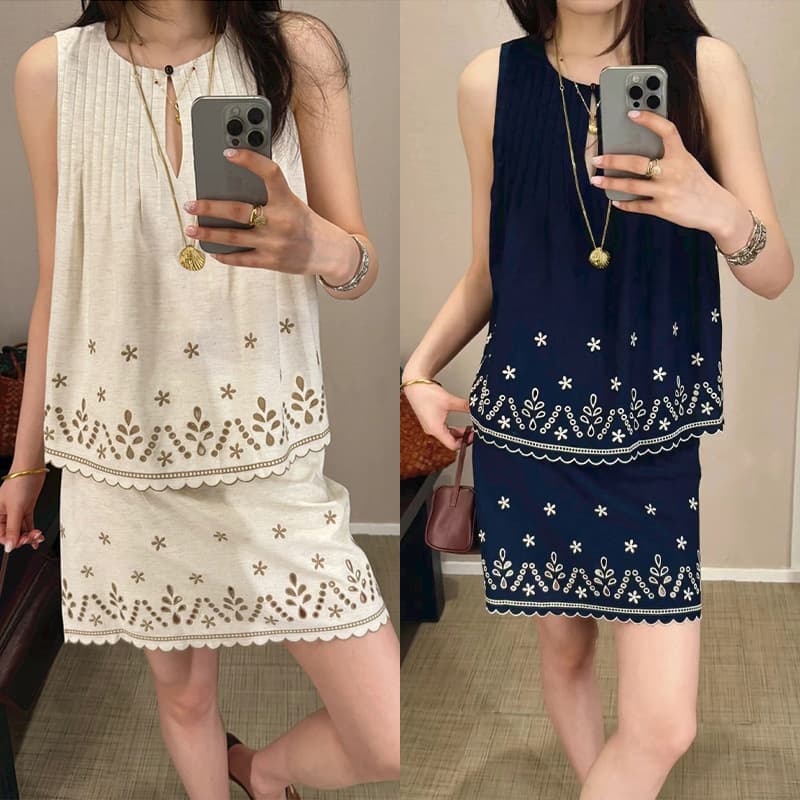 French Niche 2025 Summer Minimalist Mediterranean Fern Embroidery Sleeveless Top and Skirt Set 25428