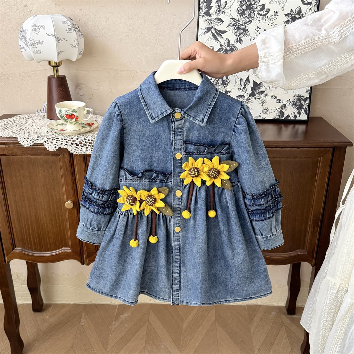 77375 Girls' Sunflower Denim Jacket Spring Autumn New Arrival Children's Fashion Top, Baby Trench Coat Dress