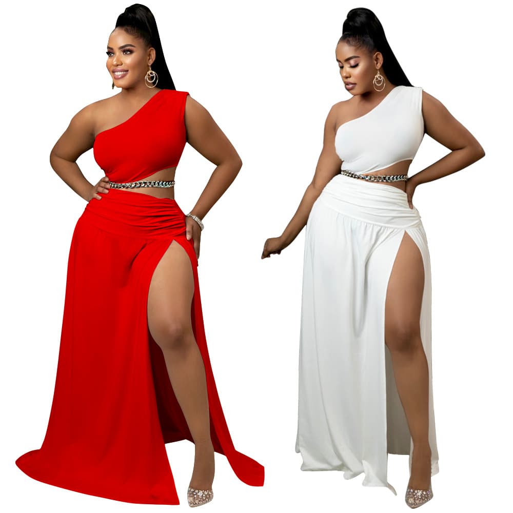 Large Size Sexy Pure Color Asymmetrical Shoulder Bared Two-Piece Set European Style Casual Wear for Young Women in Summer