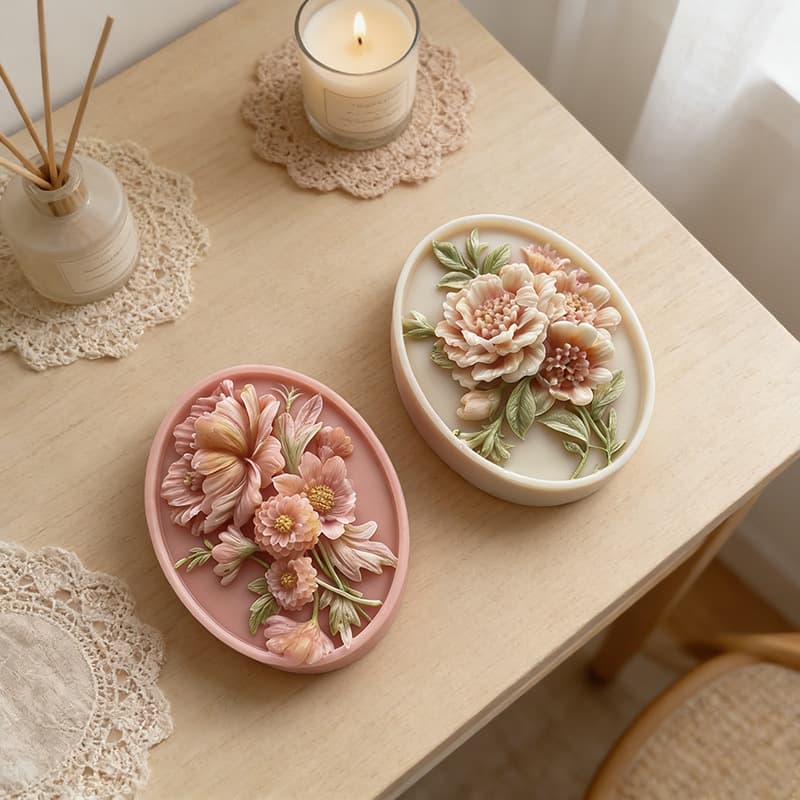 Oval Sunflower Relief Soap Scented Candle Silicone Mold DIY Peony Flower Handmade Soap Ornament Mold