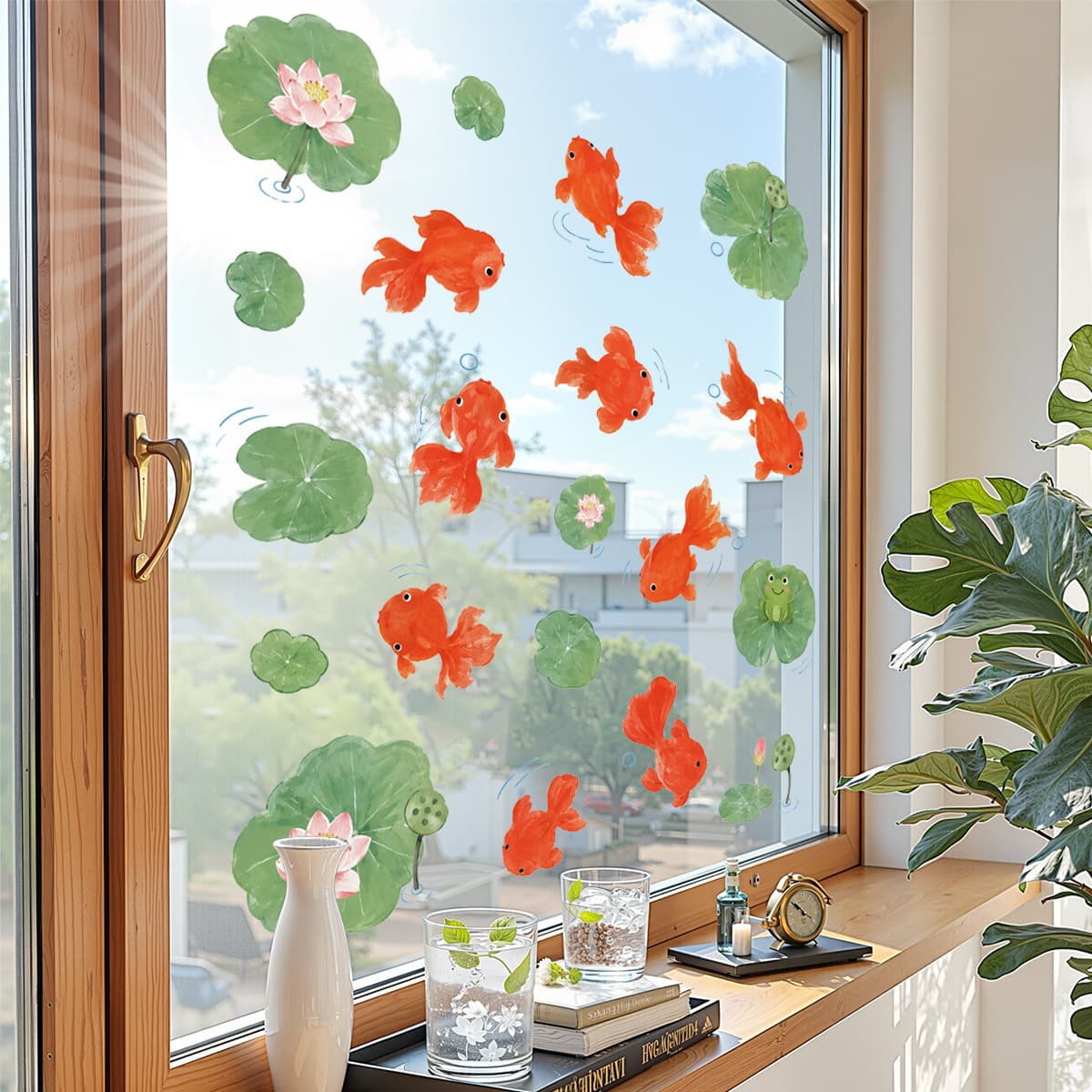Lotus leaf goldfish window decoration electrostatic film summer glass beautification shading cross-border hot selling wall sticker UV46086