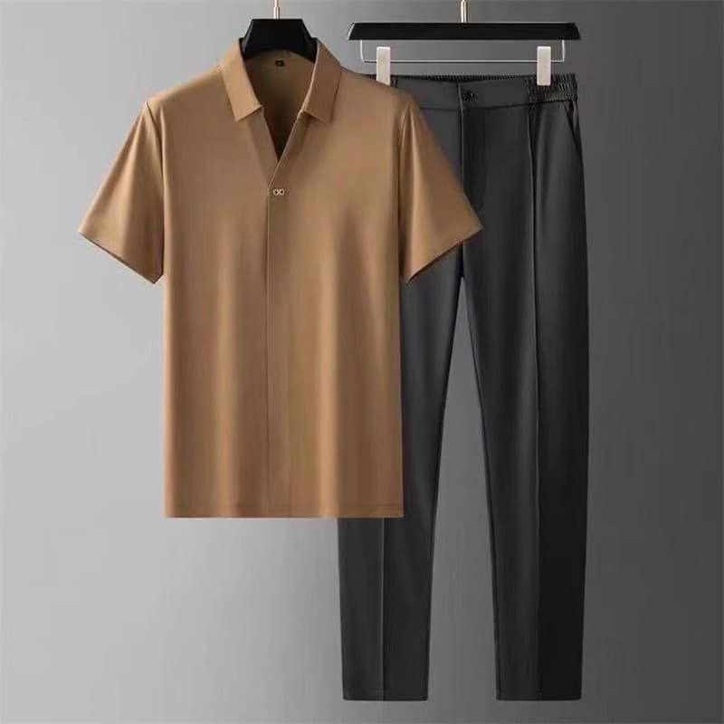 Summer Ultra-Thin Silky Ice Silk High-End Seamless Heat-Pressed Short-Sleeve Shirt Set Men's Business Casual Sports Two-Piece Set