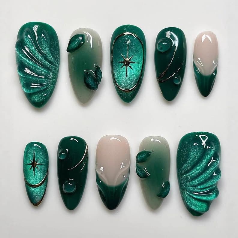 Glue green corrugated French cat eye removable wearable nails 24 pieces press on nails purely handmade
