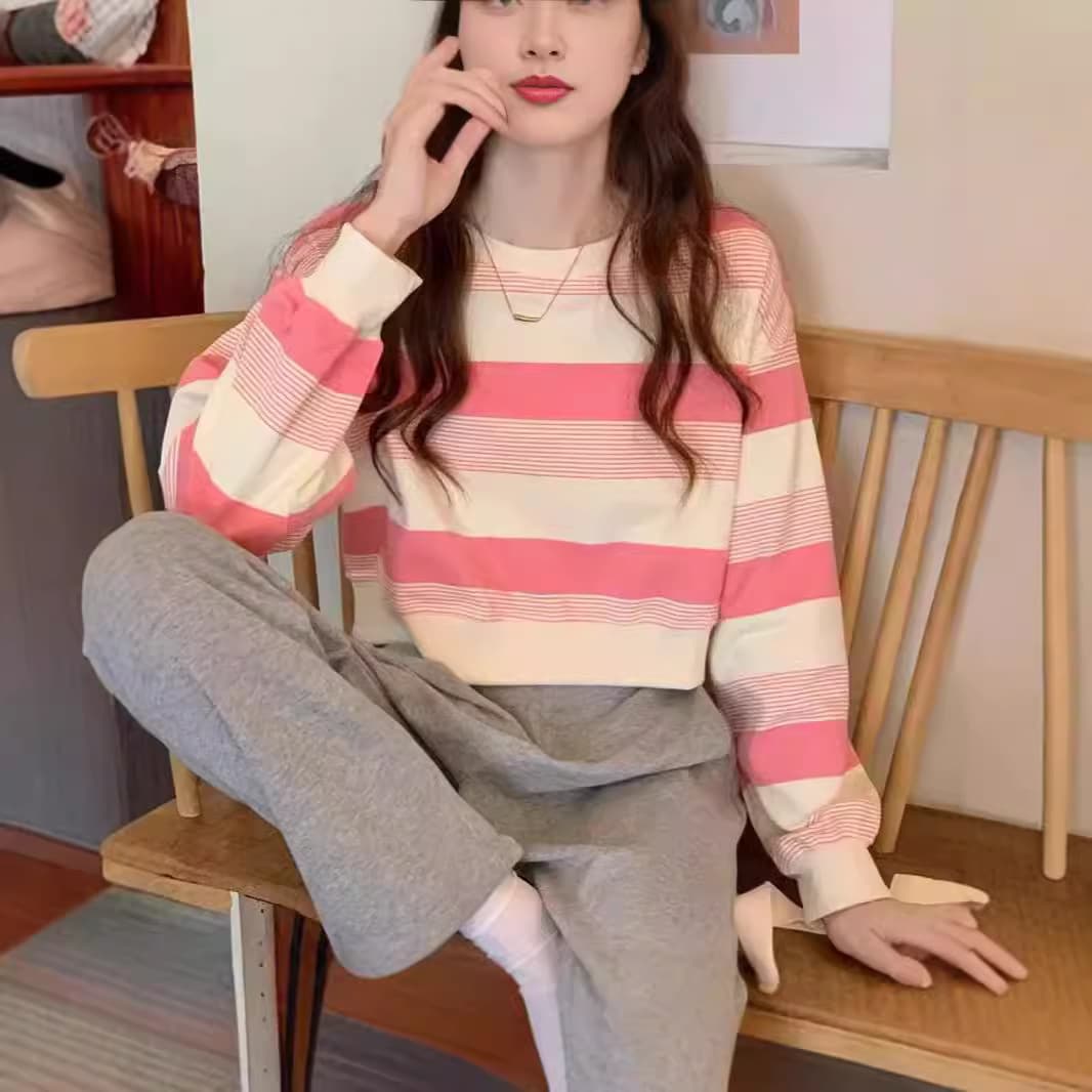 Women's American-style Short Striped Round-neck Sweatshirt, 2025 Autumn New Loose Thin Long-sleeve Top Trendy