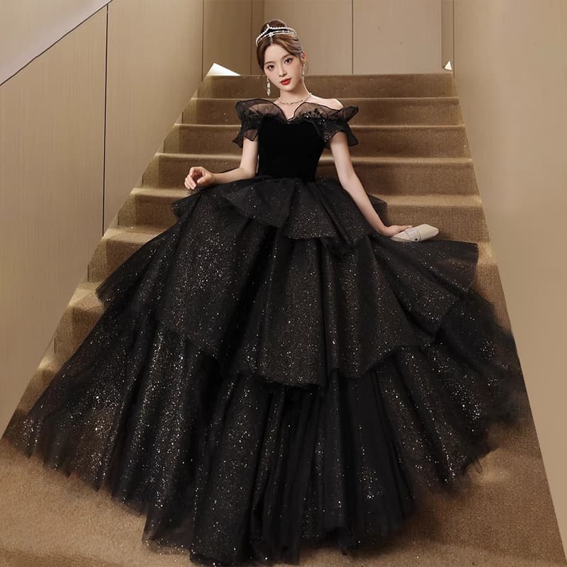 Black One-Shoulder Evening Gown Women High-End Luxury Unique Adult Ceremony Puffy Dress Banquet Host Art Exam Premium Style