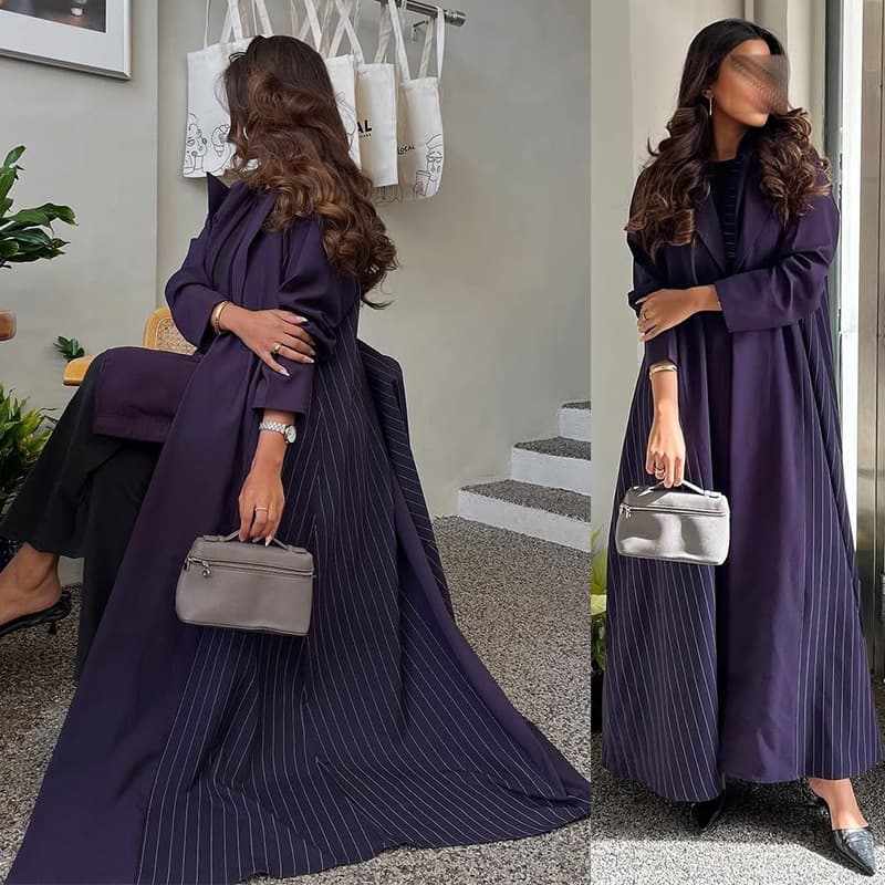 MQ178 Fashionable Cardigan New Elegant Long Dress Purple Long Sleeve Trendy Long Lapel Striped Coat