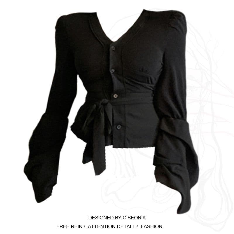 Plus-size black collared tie-front blouse for women, spring style, French design, slimming waist.