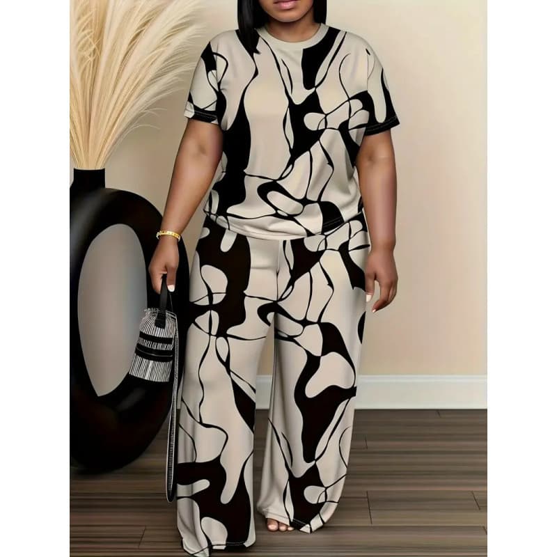2025 Spring/Summer Cross-Border Exclusive Foreign Trade In-Stock Plus Size Women's Clothing European and American Fashion Black and Gray Printed Set Factory Wholesale