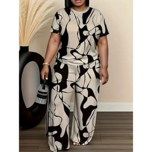 2025 Spring/Summer Cross-Border Export Wholesale Plus Size Women's Fashion Black-Gray Printed Set, Factory Direct