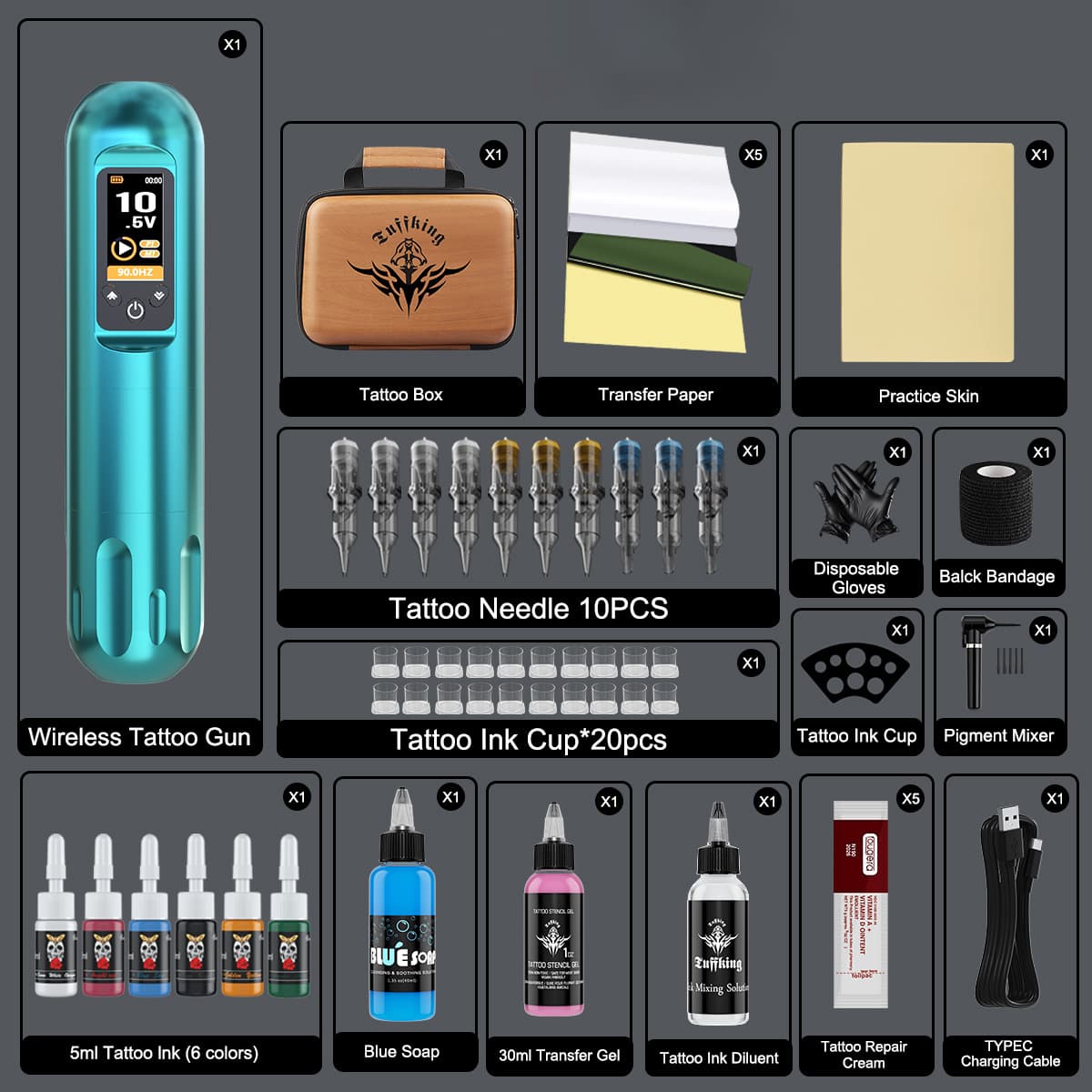 Cross-border Tuffking Tattoo Machine Kit Wireless Tattoo Battery Pen Integrated Needle Ink Consumables Tattoo Tools