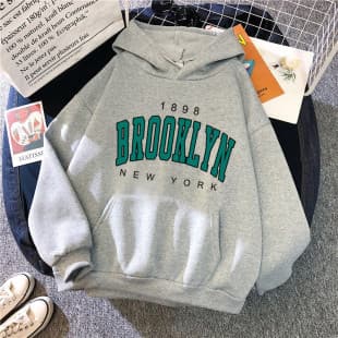 Autumn/Winter Fleece Loose Women's Hoodie Cross-border Hot Selling Brooklyn Print Couple Pullover Sweatshirt