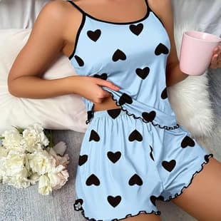 2024 AliExpress Heart Print Contrast Color Homewear Front Split Camisole Pajama Set Simple Casual