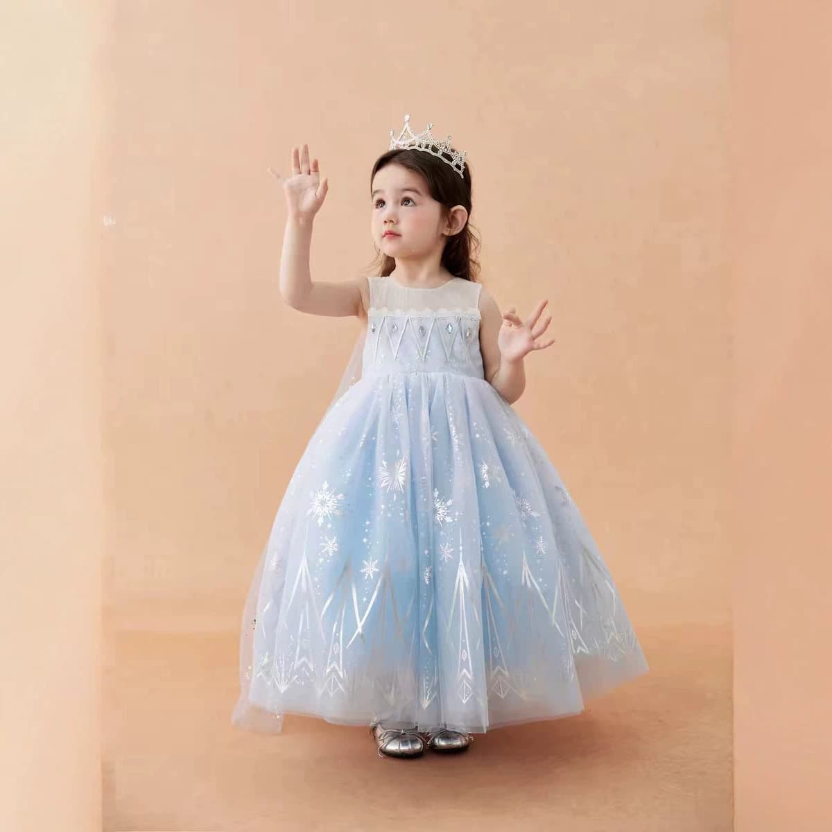 Summer short-sleeved blue princess dress Snow White Queen girls birthday dress dress light blue children's mesh skirt