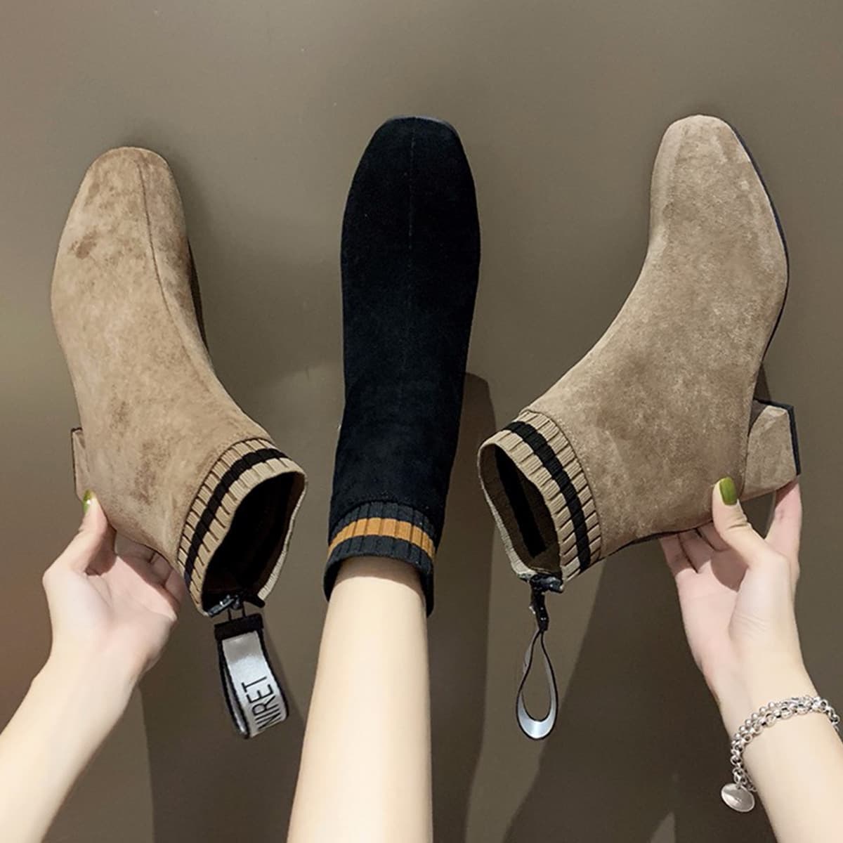 Women's Ankle Boots 2023 New Autumn Versatile Plus Size Korean Retro Simple Block Heel High Heel Internet-Famous Knitted Boots Trendy