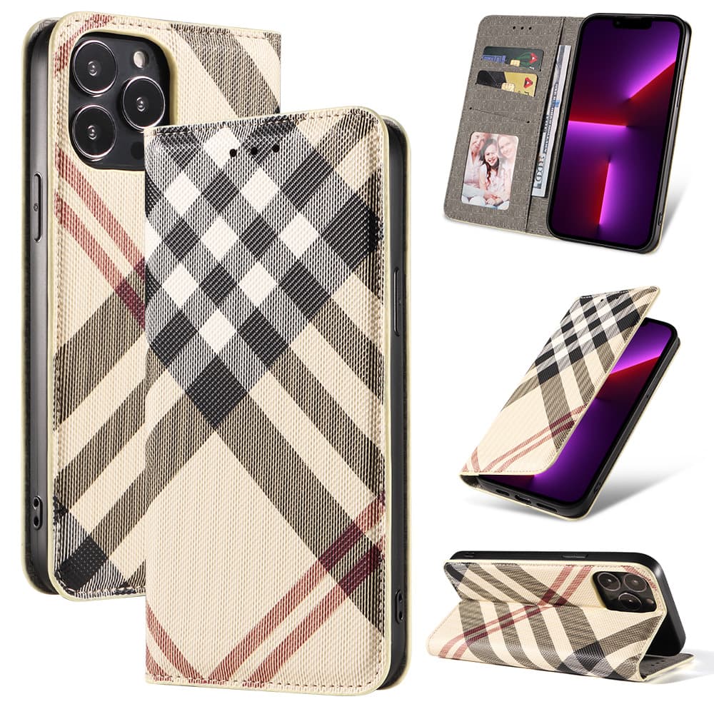 Leather Case for iPhone 18, Phone Case for Huawei P50, Plaid Flip Cover Protective Case for Apple 17, Samsung S23